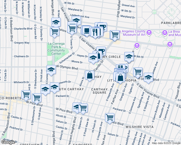 map of restaurants, bars, coffee shops, grocery stores, and more near 6404 West Olympic Boulevard in Los Angeles