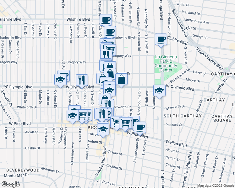 map of restaurants, bars, coffee shops, grocery stores, and more near 8764 West Olympic Boulevard in Los Angeles
