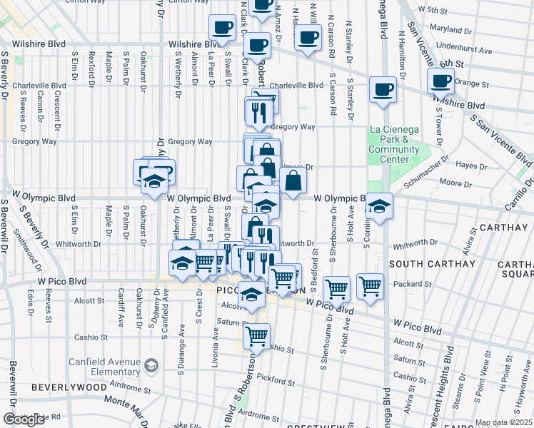 map of restaurants, bars, coffee shops, grocery stores, and more near 8764 West Olympic Boulevard in Los Angeles