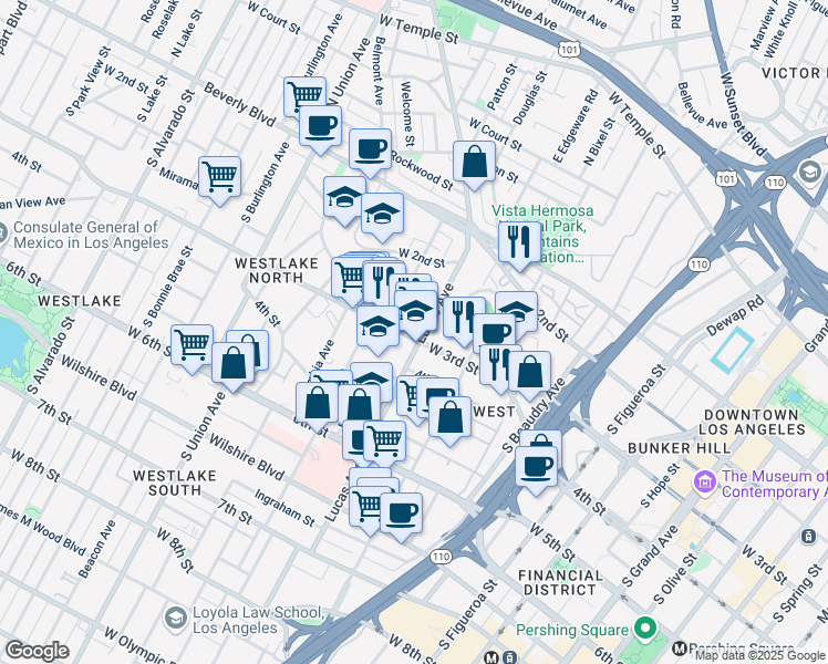 map of restaurants, bars, coffee shops, grocery stores, and more near 275 Lucas Avenue in Los Angeles