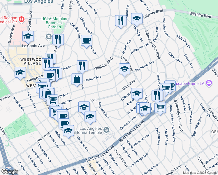 map of restaurants, bars, coffee shops, grocery stores, and more near 10633 Rochester Avenue in Los Angeles