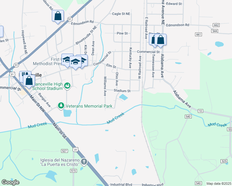 map of restaurants, bars, coffee shops, grocery stores, and more near 1010 Stadium Street in Hanceville