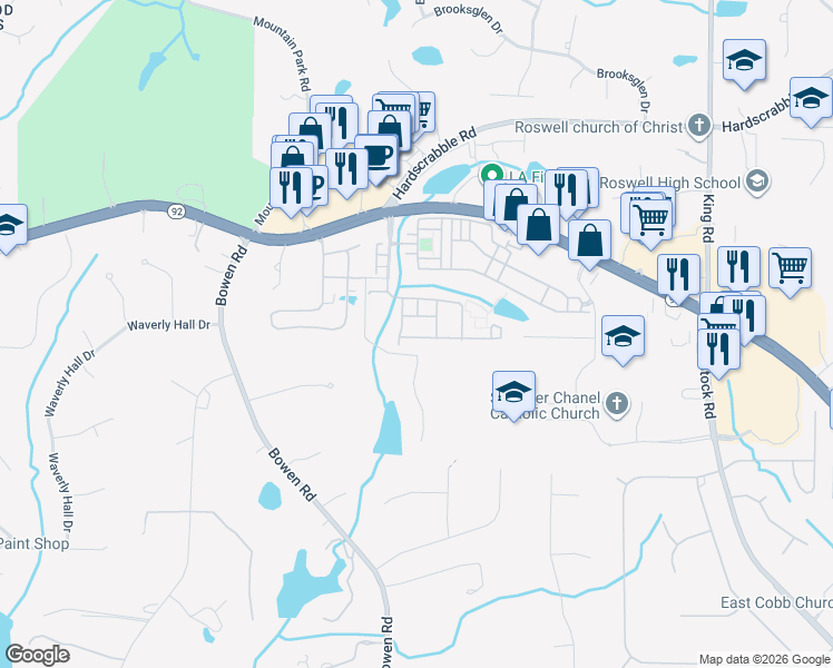 map of restaurants, bars, coffee shops, grocery stores, and more near 5106 Parkside Drive in Roswell