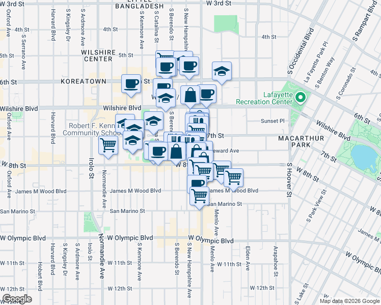 map of restaurants, bars, coffee shops, grocery stores, and more near 738 South New Hampshire Avenue in Los Angeles