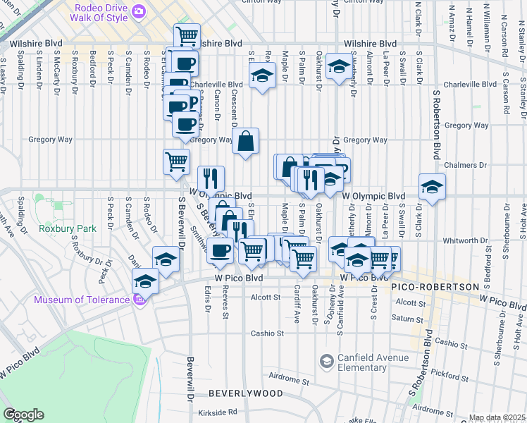 map of restaurants, bars, coffee shops, grocery stores, and more near 423 Rexford Drive in Beverly Hills