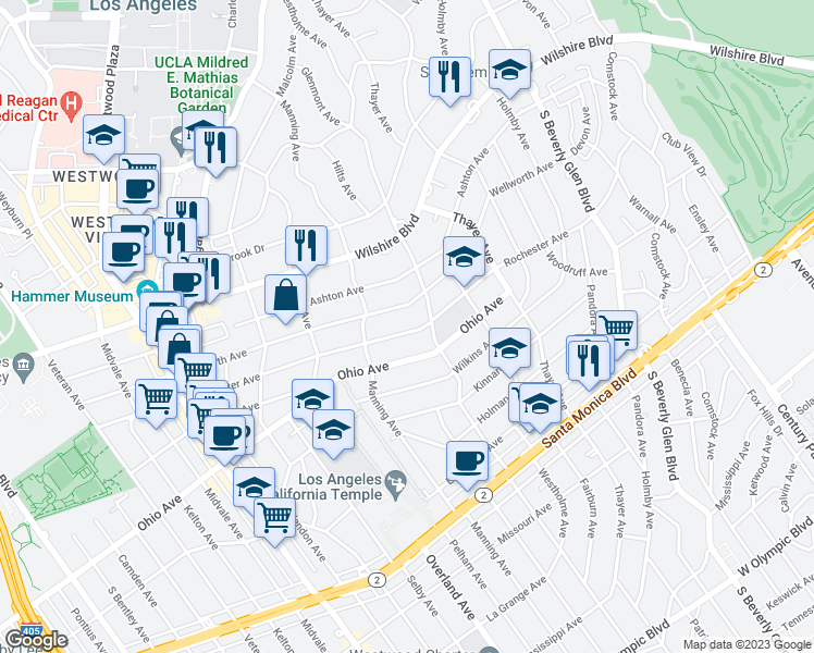 map of restaurants, bars, coffee shops, grocery stores, and more near 10633 Rochester Avenue in Los Angeles