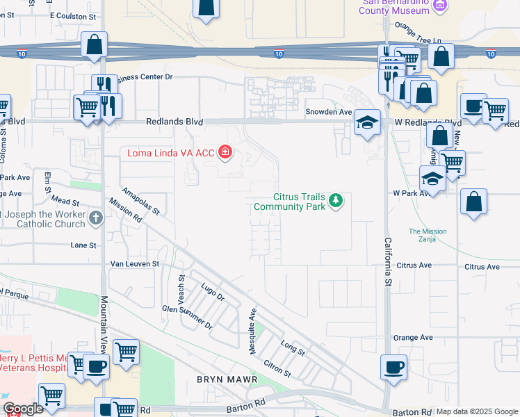 map of restaurants, bars, coffee shops, grocery stores, and more near 26001 Redlands Boulevard in Redlands