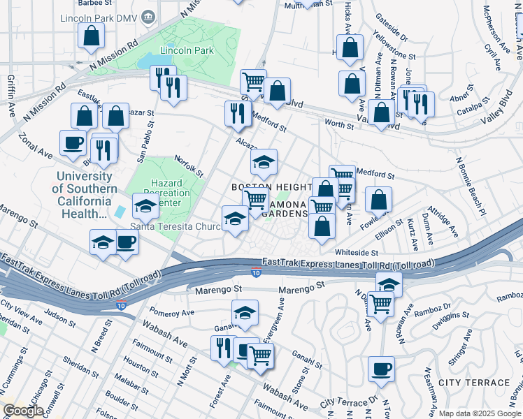 map of restaurants, bars, coffee shops, grocery stores, and more near in Los Angeles
