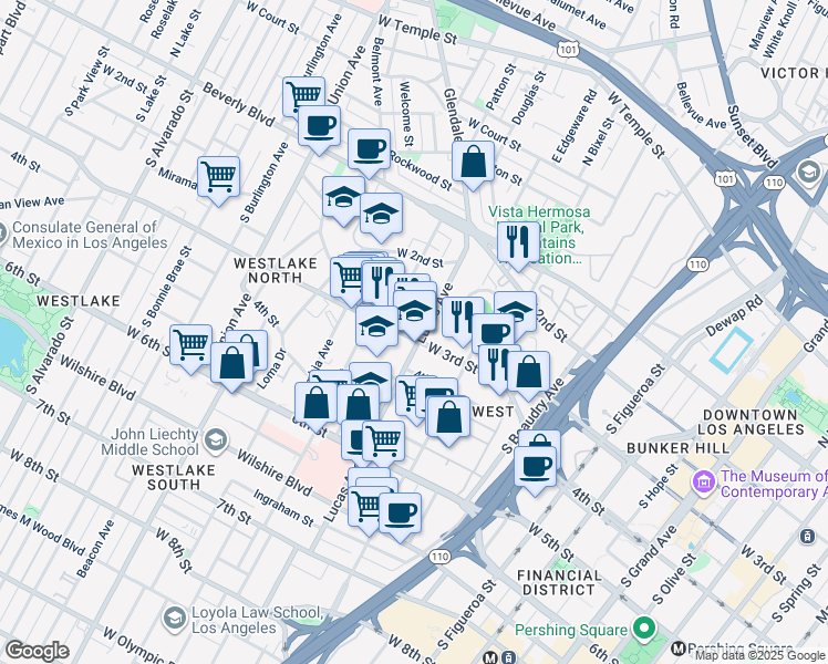 map of restaurants, bars, coffee shops, grocery stores, and more near 275 Lucas Avenue in Los Angeles