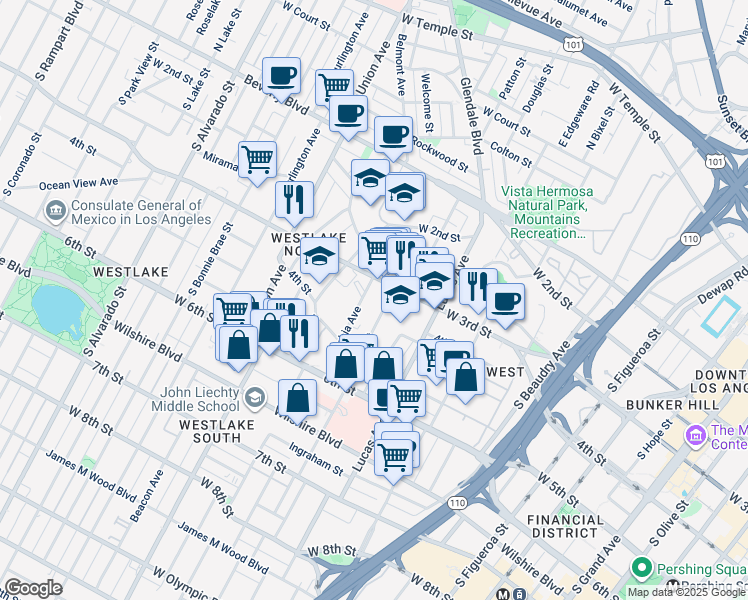 map of restaurants, bars, coffee shops, grocery stores, and more near in Los Angeles