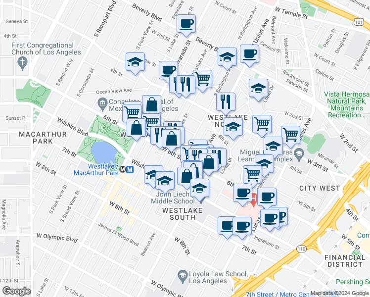 map of restaurants, bars, coffee shops, grocery stores, and more near 1801 West 5th Street in Los Angeles