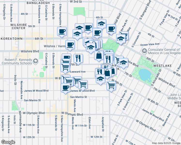 map of restaurants, bars, coffee shops, grocery stores, and more near 2911 Leeward Avenue in Los Angeles