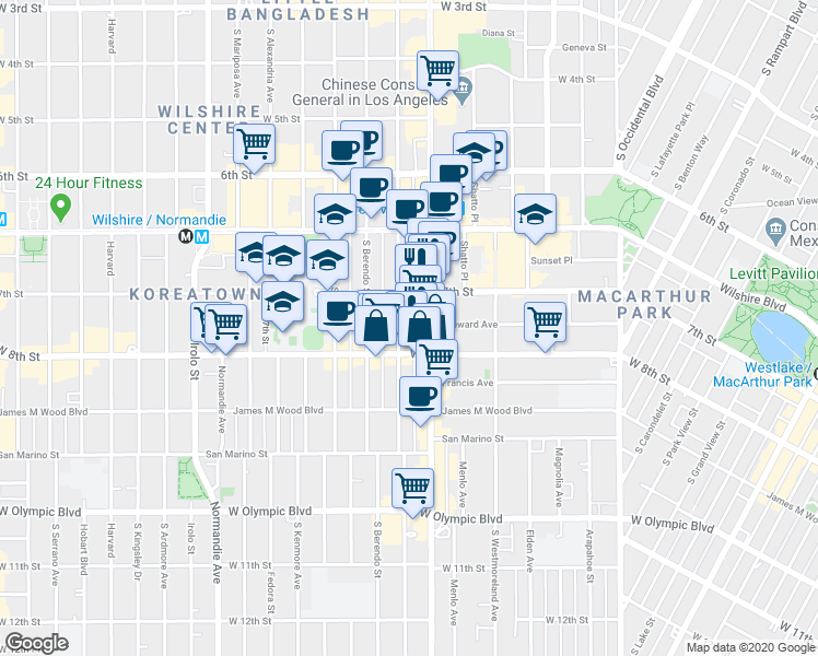 map of restaurants, bars, coffee shops, grocery stores, and more near 725 South New Hampshire Avenue in Los Angeles