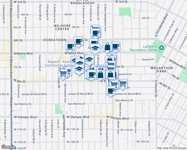 map of restaurants, bars, coffee shops, grocery stores, and more near 725 South Berendo Street in Los Angeles