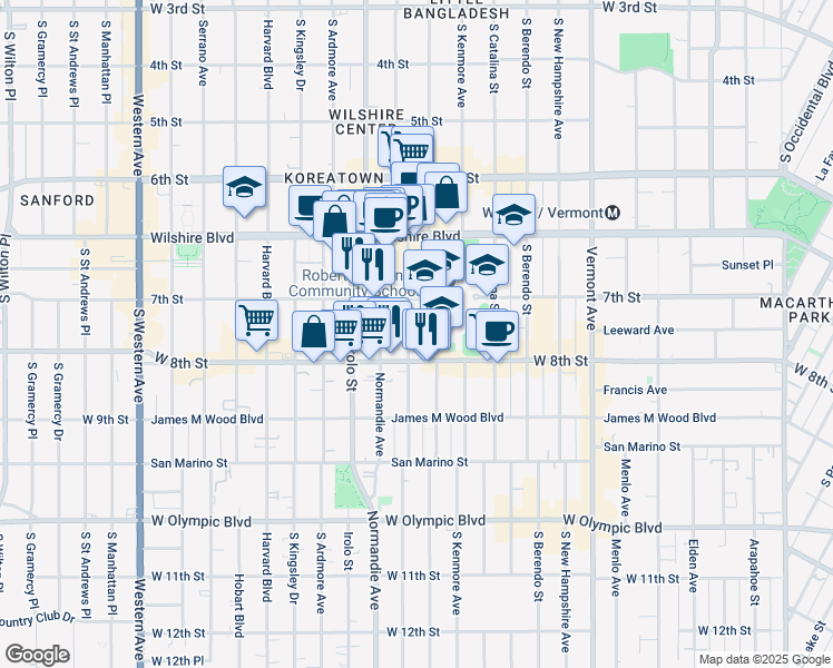 map of restaurants, bars, coffee shops, grocery stores, and more near 721 South Mariposa Avenue in Los Angeles