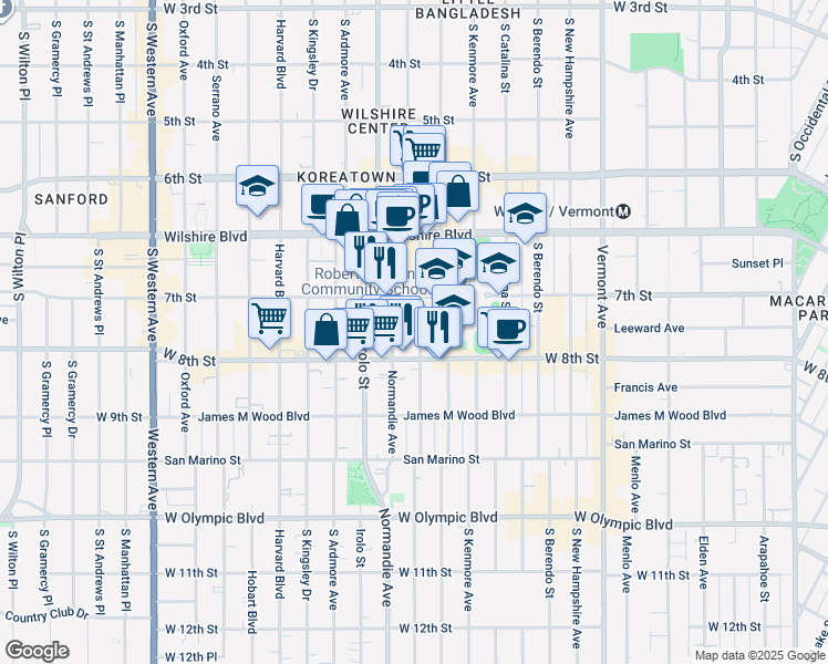 map of restaurants, bars, coffee shops, grocery stores, and more near 721 South Mariposa Avenue in Los Angeles