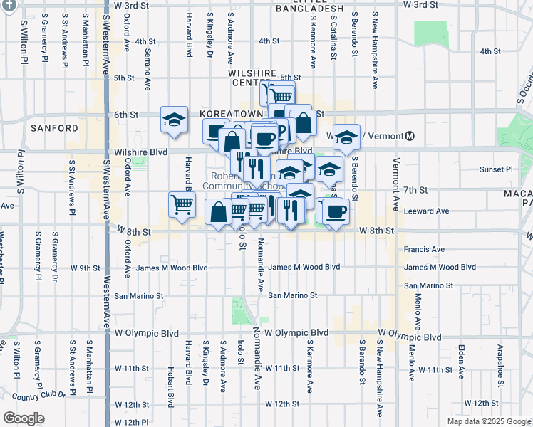 map of restaurants, bars, coffee shops, grocery stores, and more near 721 South Mariposa Avenue in Los Angeles