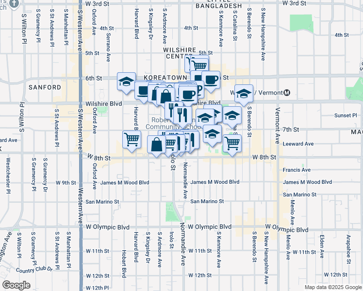 map of restaurants, bars, coffee shops, grocery stores, and more near 3550 West 7th Street in Los Angeles