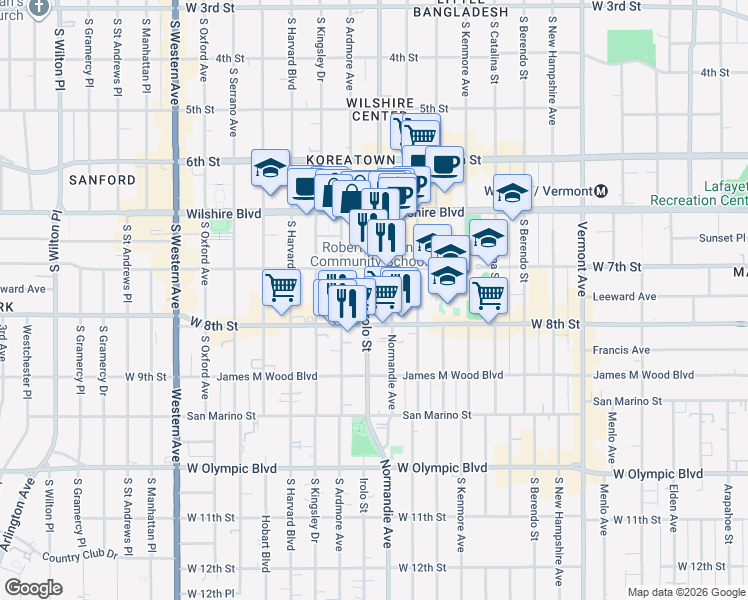 map of restaurants, bars, coffee shops, grocery stores, and more near 3550 West 7th Street in Los Angeles