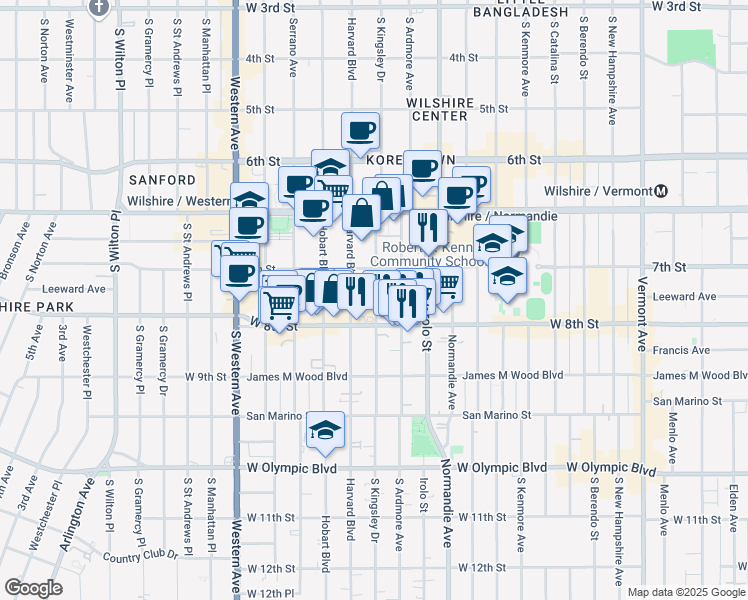 map of restaurants, bars, coffee shops, grocery stores, and more near 737 South Kingsley Drive in Los Angeles