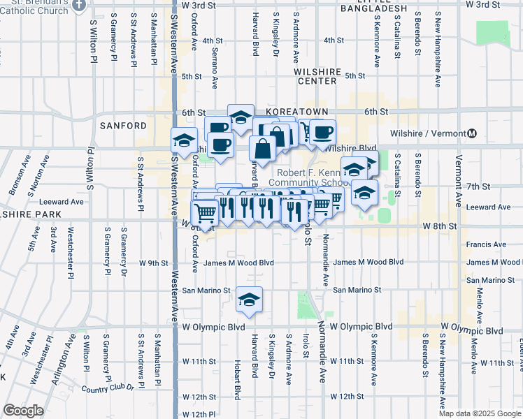 map of restaurants, bars, coffee shops, grocery stores, and more near 737 South Kingsley Drive in Los Angeles