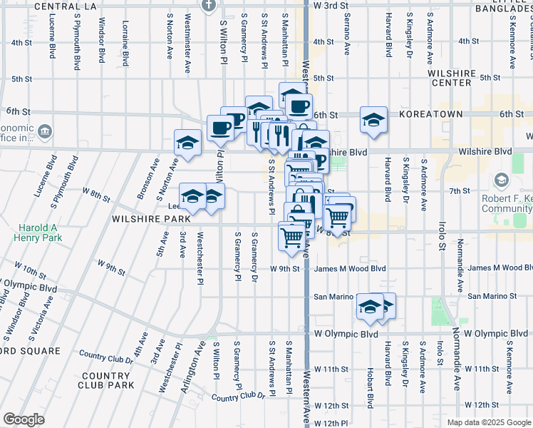 map of restaurants, bars, coffee shops, grocery stores, and more near 718 South Saint Andrews Place in Los Angeles