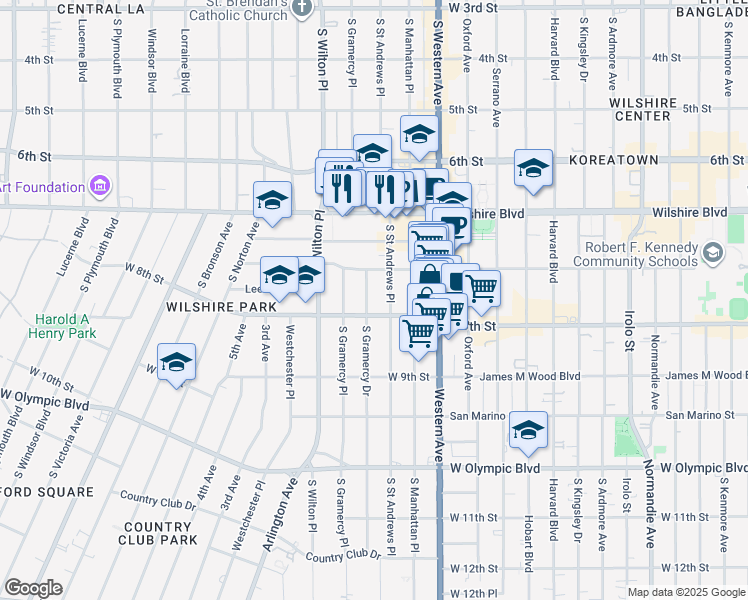 map of restaurants, bars, coffee shops, grocery stores, and more near 717 South Gramercy Drive in Los Angeles