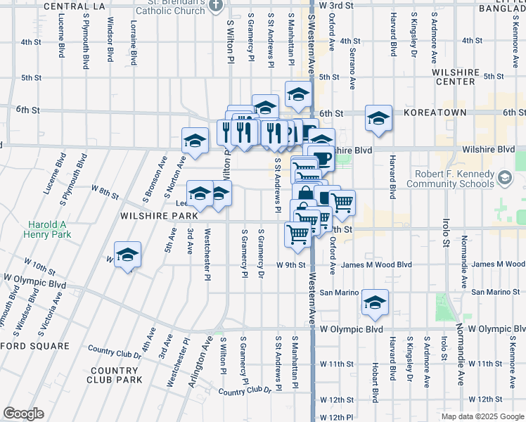 map of restaurants, bars, coffee shops, grocery stores, and more near 717 South Gramercy Drive in Los Angeles