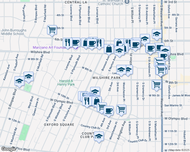 map of restaurants, bars, coffee shops, grocery stores, and more near 750 Crenshaw Boulevard in Los Angeles