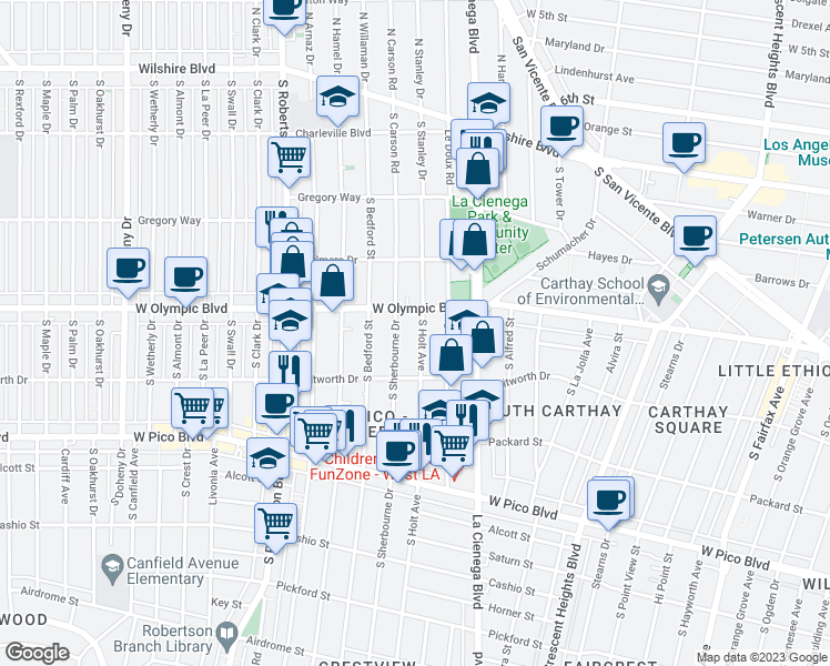 map of restaurants, bars, coffee shops, grocery stores, and more near 1001 South Holt Avenue in Los Angeles