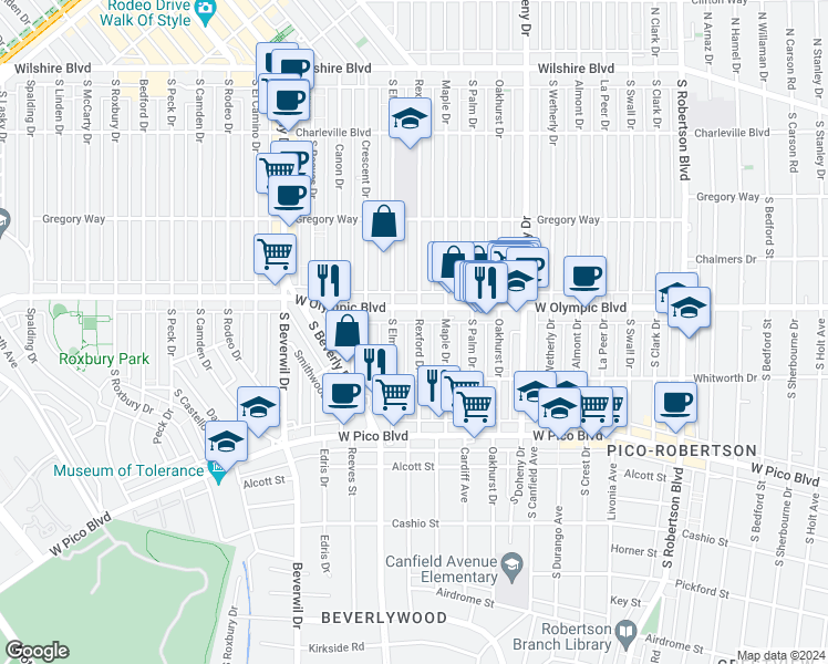 map of restaurants, bars, coffee shops, grocery stores, and more near in Beverly Hills