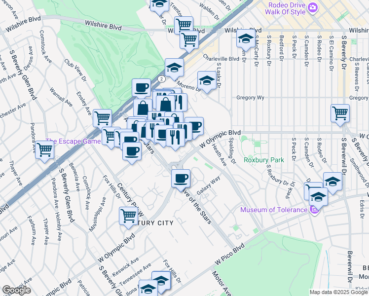 map of restaurants, bars, coffee shops, grocery stores, and more near 2049 Century Park East in Los Angeles