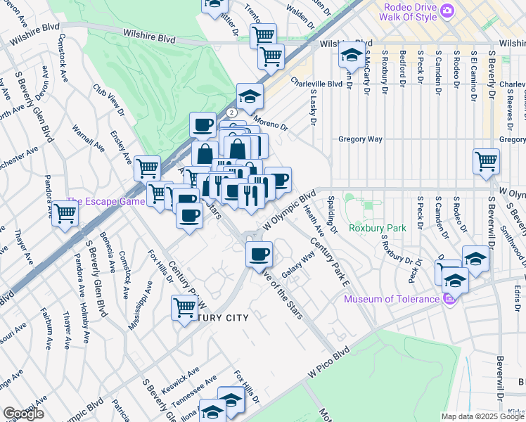 map of restaurants, bars, coffee shops, grocery stores, and more near 2049 Century Park East in Los Angeles