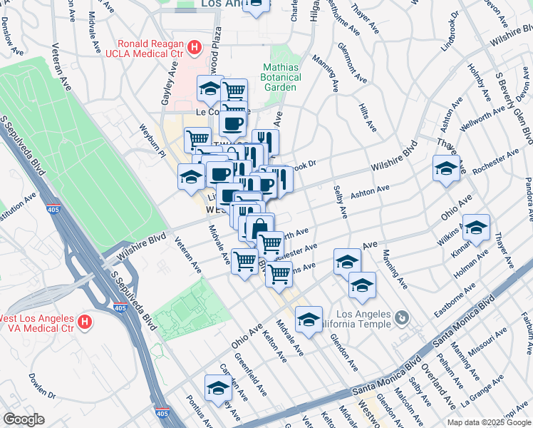 map of restaurants, bars, coffee shops, grocery stores, and more near 10850 Wilshire Boulevard in Los Angeles
