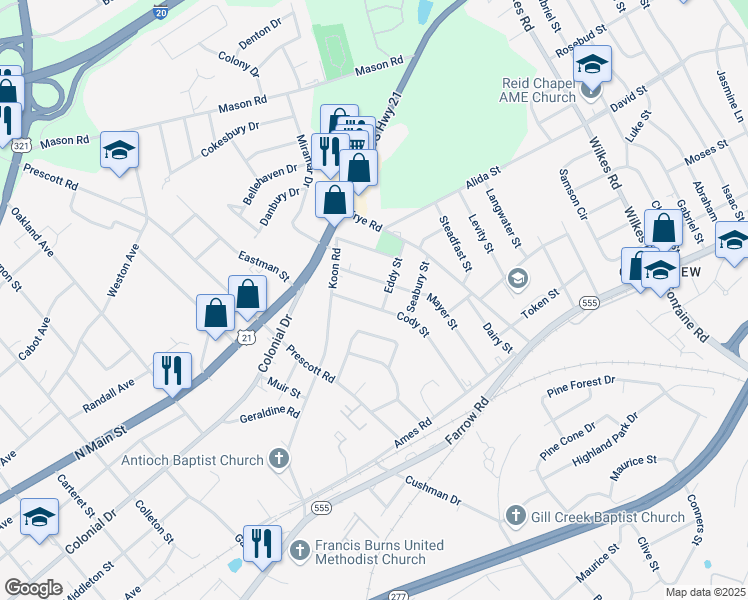 map of restaurants, bars, coffee shops, grocery stores, and more near 1529 Mayer Street in Columbia