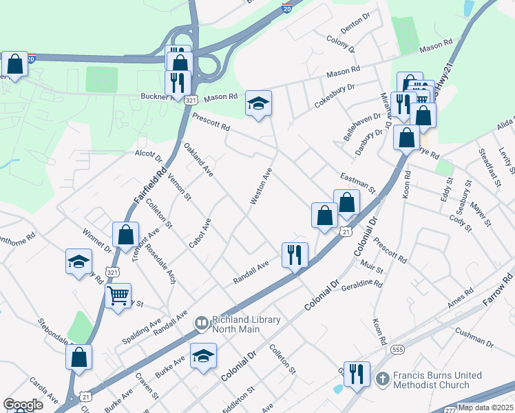 map of restaurants, bars, coffee shops, grocery stores, and more near 921 1/2 Fiske Street in Columbia