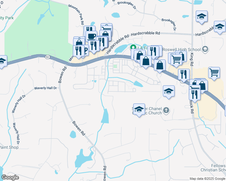 map of restaurants, bars, coffee shops, grocery stores, and more near 5106 Parkside Drive in Roswell