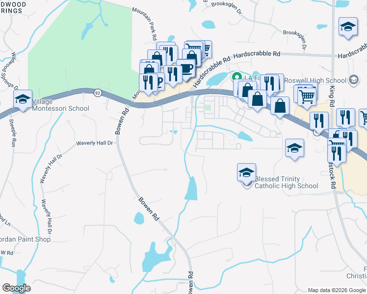 map of restaurants, bars, coffee shops, grocery stores, and more near 5008 Parkside Drive in Roswell
