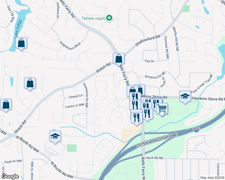 map of restaurants, bars, coffee shops, grocery stores, and more near 4258 Pentworth Lane Northwest in Kennesaw