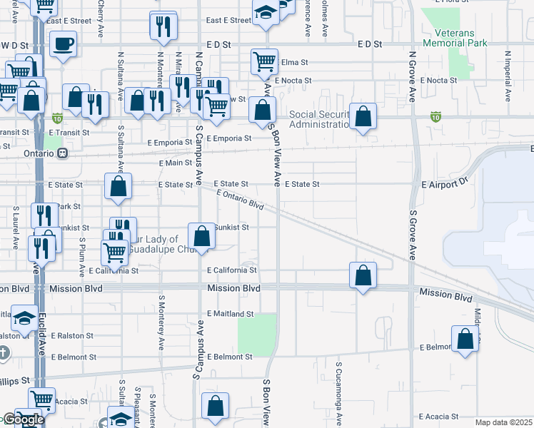 map of restaurants, bars, coffee shops, grocery stores, and more near 854 East Ontario Boulevard in Ontario