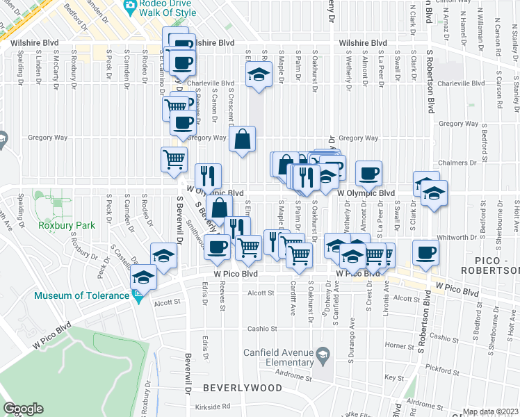 map of restaurants, bars, coffee shops, grocery stores, and more near 423 Rexford Drive in Beverly Hills