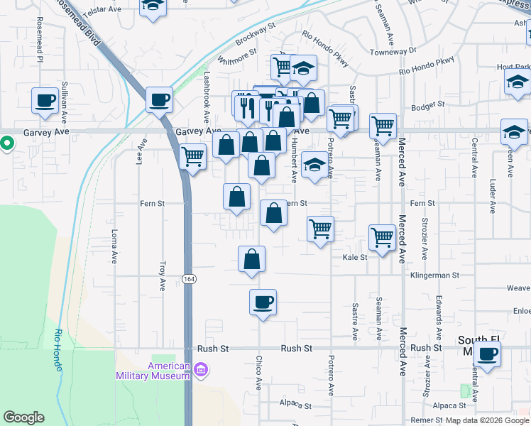 map of restaurants, bars, coffee shops, grocery stores, and more near 9630 Fern Street in South El Monte