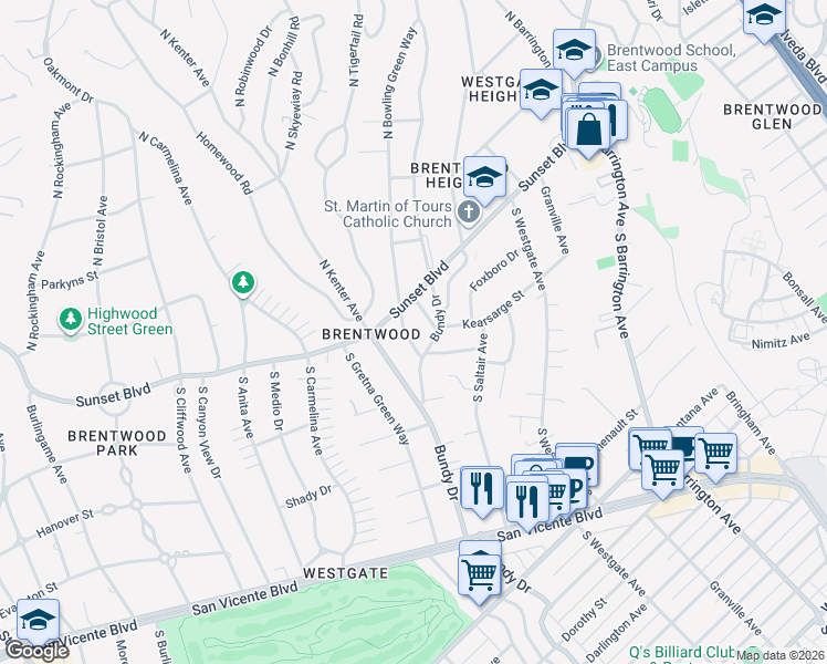map of restaurants, bars, coffee shops, grocery stores, and more near 130 South Bowling Green Way in Los Angeles