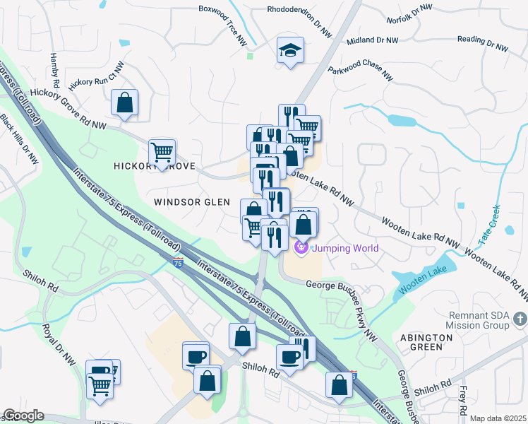 map of restaurants, bars, coffee shops, grocery stores, and more near 4327 Wade Green Road Northwest in Kennesaw