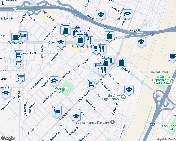 map of restaurants, bars, coffee shops, grocery stores, and more near 2849 Maxson Road in El Monte
