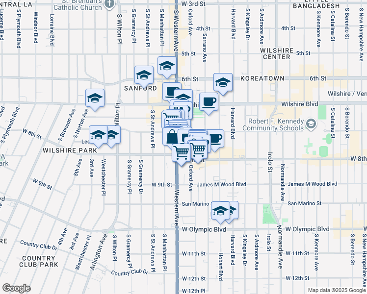 map of restaurants, bars, coffee shops, grocery stores, and more near 715 South Oxford Avenue in Los Angeles