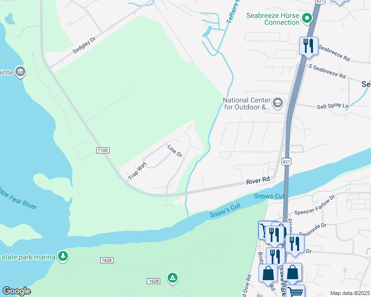map of restaurants, bars, coffee shops, grocery stores, and more near 7783 Cypress Island Drive in Wilmington