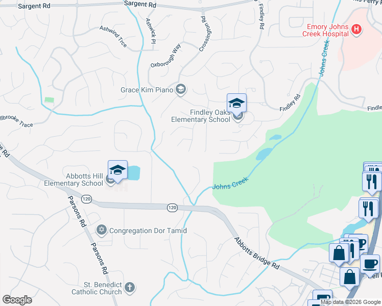 map of restaurants, bars, coffee shops, grocery stores, and more near 11490 Bentham Court in Alpharetta