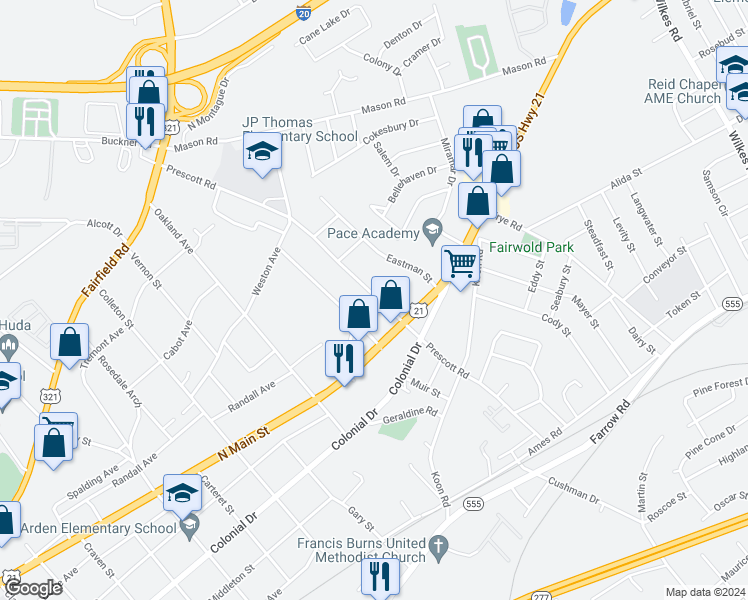 map of restaurants, bars, coffee shops, grocery stores, and more near 1053 Prescott Road in Columbia