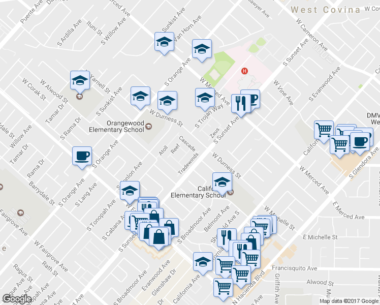 map of restaurants, bars, coffee shops, grocery stores, and more near 1496 Lagoon in West Covina